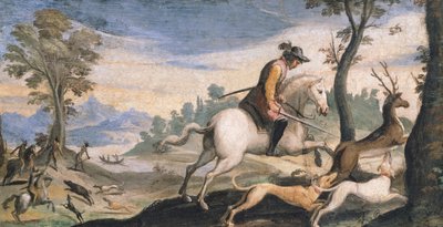 Jakt på rådjur och vildsvin, av Giovanni Francesco Barbieri, känd som Guercino (1591-1666), fresk, 53x101 cm av Guercino