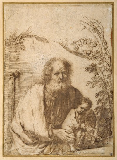 St. Josef och Kristusbarnet som greppar en kvist av ett äppelträd (penna och bläck på papper) av Guercino