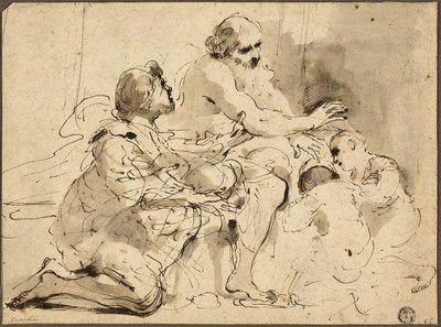 Studie till Jakob välsignar Josefs söner, ca 1620 (penna  brunt bläck med pensel, grå och brun lav) av Guercino (1591-1666)