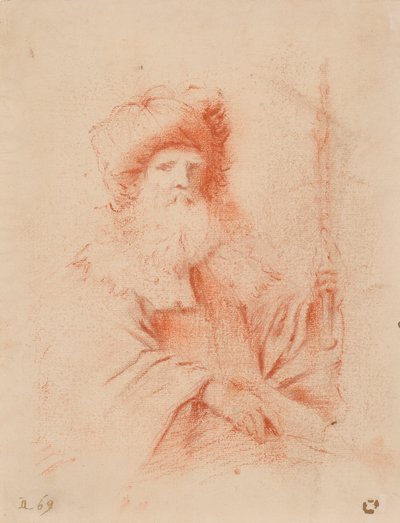 Skiss av skäggig man i turban (röd krita på papper) av Guercino