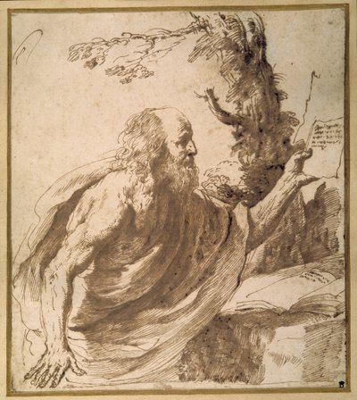 Ett helgon som läser i öknen (penna och bläck på papper) av Guercino