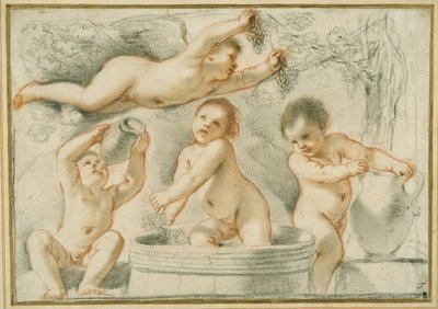 Allegori om vinframställning (röda och svarta krita med bläck på papper) av Guercino