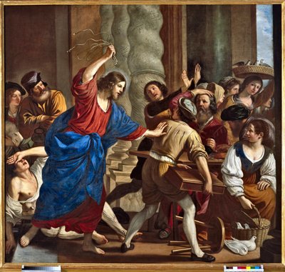 Kristus som driver ut låntagarna från templet Målning av Giovanni Francesco Barbieri dit Il Guercino (The Guerchin) (1591-1666) av Guercino