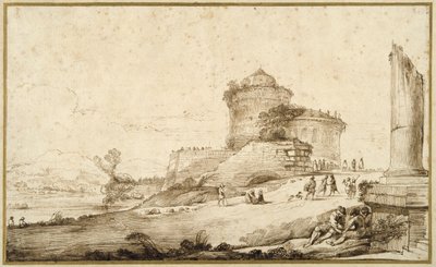 Landskap med en trasig kolumn, ett slott och många figurer i förgrunden till höger (penna & bläck på papper) av Guercino