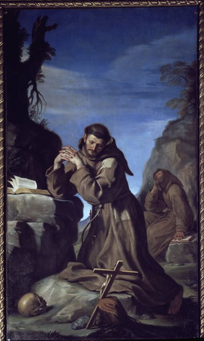 Saint Francois Adoring the Cross - Olja på duk av Guercino