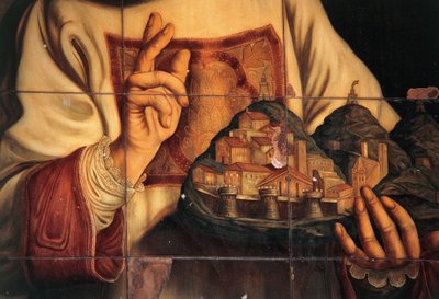 San Marino som välsignar staden som han håller i sin hand, olja på duk, av Giovanni Francesco Barbieri, kallad Guercino (1591-1666), Kongress- och publikhall, Kongresspalatset, San Marino, Republiken San Marino av Guercino