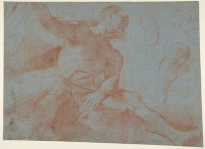 Sittande gammal man med höger arm upphöjd (Tithonus) (recto) av Guercino