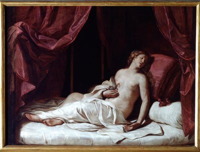 Drottning Cleopatras död Cleopatra VIIs självmord Thea Philopator (69-30 f.Kr.), drottning av det antika Egypten - (Drottning Kleopatras död) Målning av Guercino (Giovan Francesco Barbieri) (Guerchin) (1591-1666) 17648 Dim 1737x cm Genes, Musei di Strada av Guercino