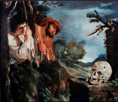The Shepherds of Arcadia Men runt en grav på den grekiska ön Peloponnesos. Målning (Vanita) av Giovanni Francesco Barbieri Guerchin på Il Guercino (1591-1666) 1618 runt Rom, Galleria Corsini av Guercino