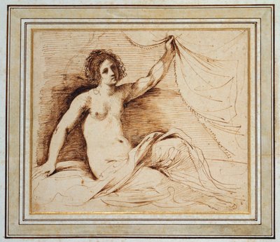En liggande naken kvinna som lyfter en gardin av Guercino