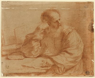 Skäggig man sitter vid bordet av Guercino