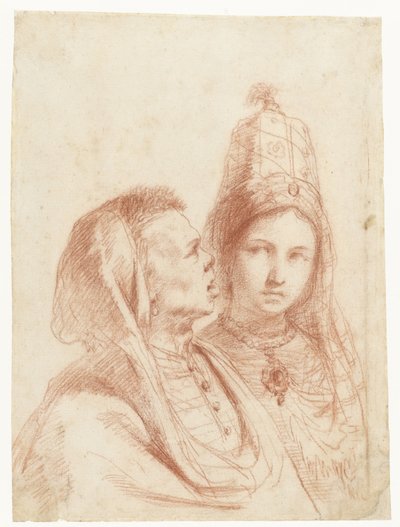 Byster av en man och en kvinna i exotiska kostymer av Guercino