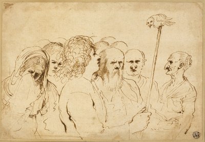Grupp av figurer, med uggla på en stolpe av Guercino