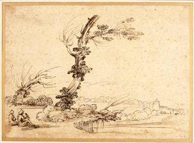 Landskap med falkonerare vid ett träd av Guercino