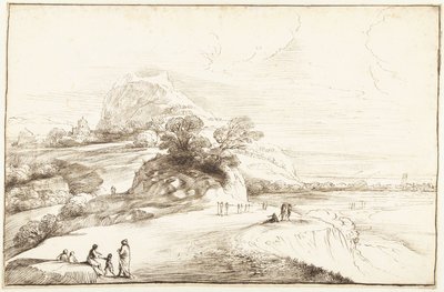 Bergslandskap med en avlägsen utsikt av Guercino
