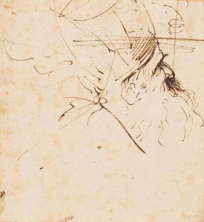 Skiss av huvudet på en präst med mitra, blickande uppåt åt höger av Guercino