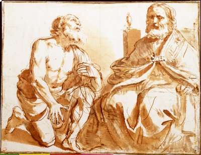Sittande biskop och knästående helgon av Guercino