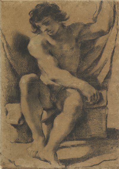 Sittande naken ung man i nästan framifrån, ca. 1618. av Guercino