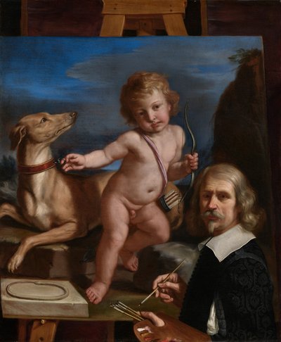 Självporträtt framför en målning av ”Amor Fedele” av Guercino