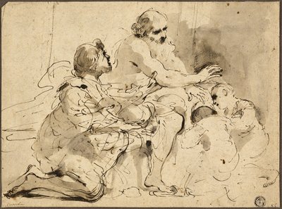 Studie för Jakob som välsignar Josefs söner (recto); Skisser: Saint Christopher; Två siffror i konversation över pengar (verso) av Guercino