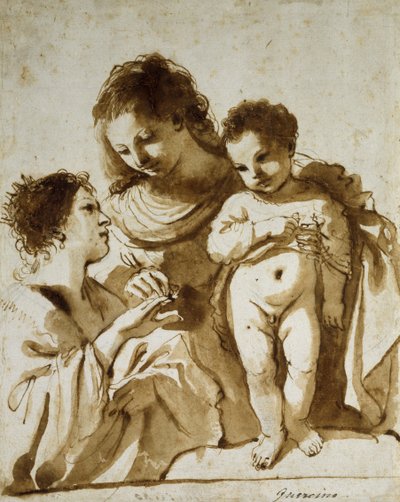 The Mystic Marriage of St Catherine, 1618-19 (penna & brunt bläck med brunt tvätt över indikationer i svart krita på vitt papper) av Guercino