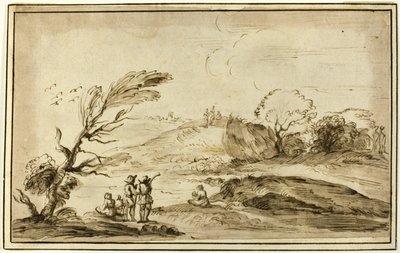 Två grupper av figurer i ett landskap av Guercino