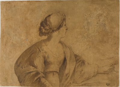 Kvinna i profil, pekar med vänster hand av Guercino