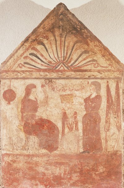 Målad gravsten som visar kvinnan sittande på tronen i spinning, från Andriuolo-Laghetto i Paestum, Kampanien, Italien av Guglielmo Bilancioni