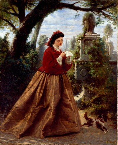 Brevet Ung kvinna som läser ett kärleksbrev troligen i ett romantiskt landskap. Målning av Guido Gonin (1833-1906) 1868 Genes, Galleria d