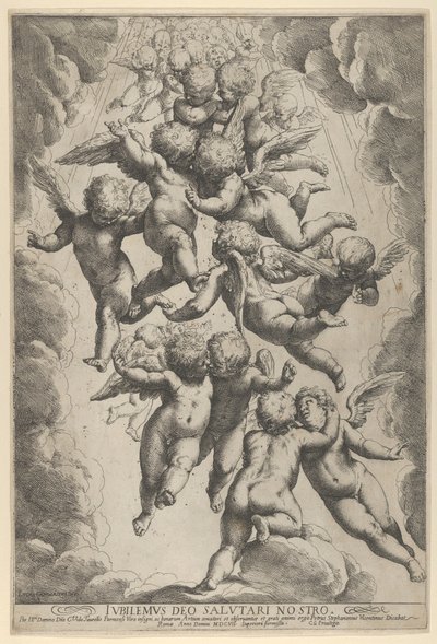 En grupp änglar som omfamnar under flykten, inramade av moln, ca. 1607., ca. 1607. av Guido Reni