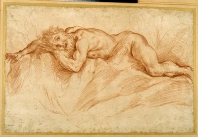 En livrädd naken man, liggande på stenig mark (röd krita på papper) av Guido Reni