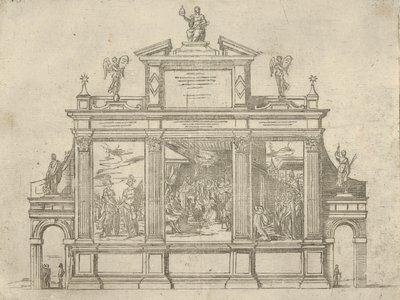 Fasad av ett triumfmonument med tre scener som visar påven Clement VIIIs gärningar, en t..., 1598. av Guido Reni
