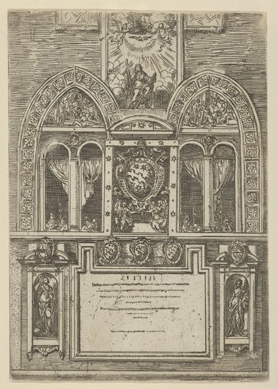 Fasad av Palazzo del Senato i Bologna med de påvliga vapen i centrum, med tillfällig ..., 1598. av Guido Reni