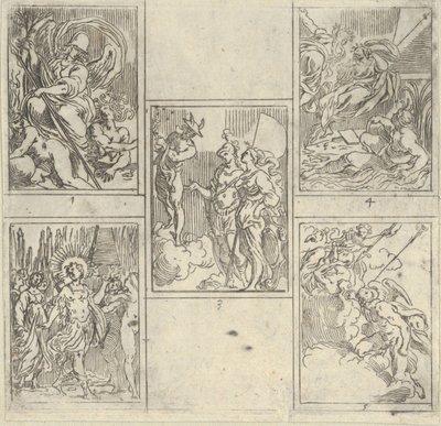 Fem numrerade scener, var och en efter en målare i Accademia Degli Incamminati, från IL FUME..., 1603. av Guido Reni