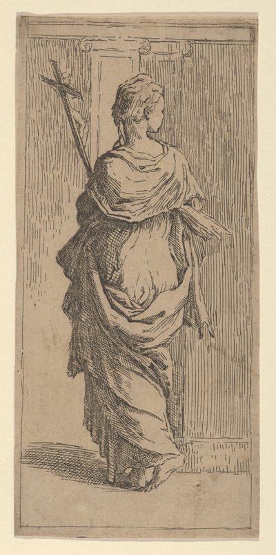 Flicka som bär ett krucifix och kliver mot en pilaster, sedd bakifrån, ca. 1590-1600. av Guido Reni