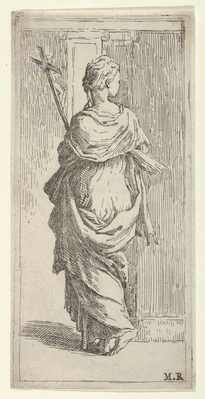Flicka som bär ett krucifix och kliver mot en pilaster, sedd bakifrån, ca. 1590-1600. av Guido Reni