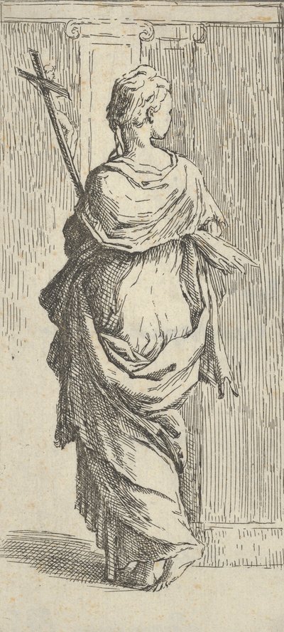 Flicka som bär ett krucifix och kliver mot en pilaster, sedd bakifrån, ca. 15..., ca. 1590-1600. av Guido Reni
