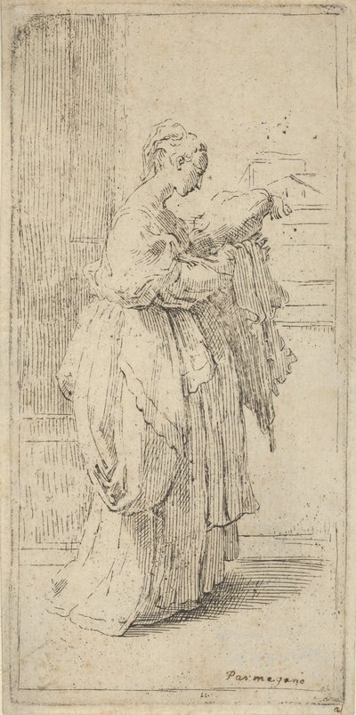 Flicka som bär en kudde, sedd i profil vänd åt höger, 1590-1690. av Guido Reni
