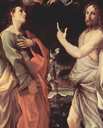 Italienska: Jungfrukröning med helgonet Johannes evangelisten, Johannes döparen, Bernhard och Katarina av Alexandria, Detalj: Johannes evangelisten och Johannes döparen av Guido Reni