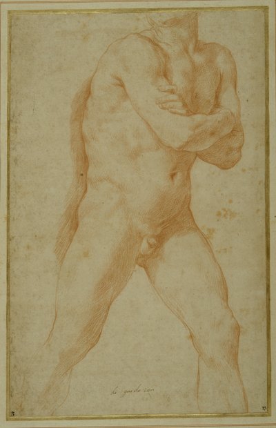Naken man som går framåt, med armarna korslagda och tittar över denna högra axel (röd krita på krämpapper) av Guido Reni