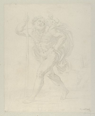Saint Christopher går med spädbarnet Kristus på vänster axel, motpro..., ca. 1600-1640. av Guido Reni