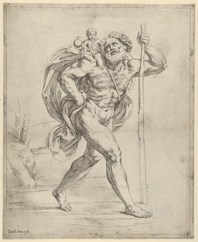 Saint Christopher går med spädbarnet Kristus på sin högra axel, ca. 1600-1640. av Guido Reni