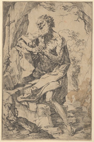 Saint Hieronymus knäböjer på en sten framför ett kors och en öppen bok vänd åt vänster,..., ca. 1600-1640. av Guido Reni