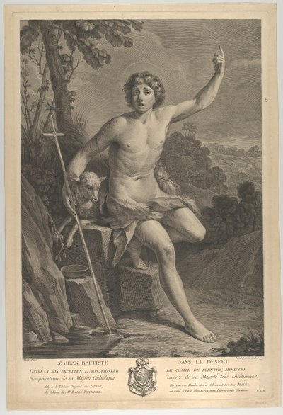 Johannes Döparen i öknen, sittande på en klippa och pekar uppåt med vänster h..., 1770 av Guido Reni