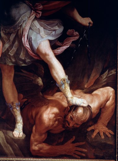 Saint Michael krossar demonens huvud. Detalj av sandalskorna (Silk Painting av Guido Reni