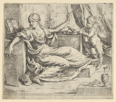 Sittande kvinna som håller en tablett och kompass allegori om lärande, en bevingad putto ..., ca. 1600-1640. av Guido Reni
