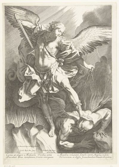 Ärkeängeln St Michael som besegrar djävulen, graverad av Pieter de Bailliu, 1623-60 av Guido Reni