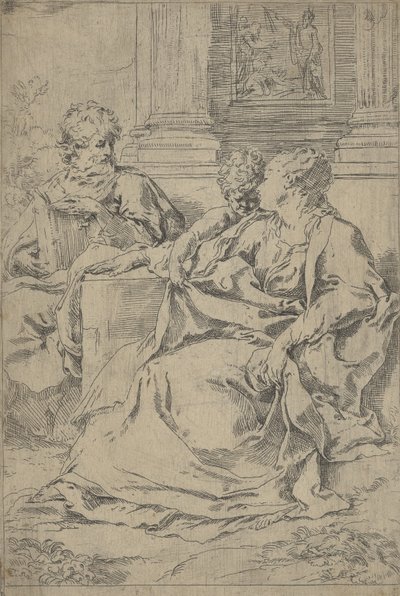 Den heliga familjen satt tillsammans framför en collonad, Saint Joseph läste och..., ca. 1590-1610. av Guido Reni