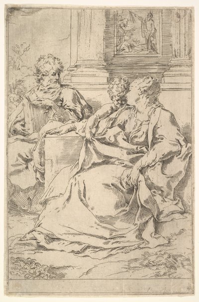 Den heliga familjen med skriftscen i bakgrunden. av Guido Reni