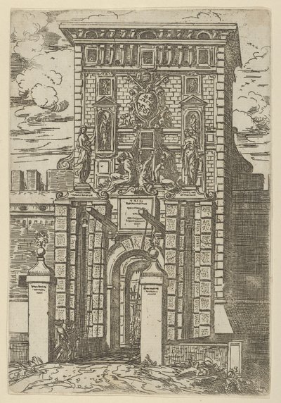 Porta Galliera, ingångsporten till Bologna och vindbryggan med tillfälliga dekorationer..., 1598. av Guido Reni